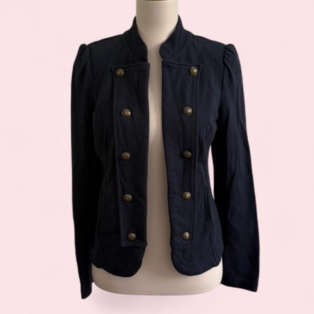 Tommy Hilfiger Navy Blue Military Style Jacket Gold Buttons Puff Sleeve Size S